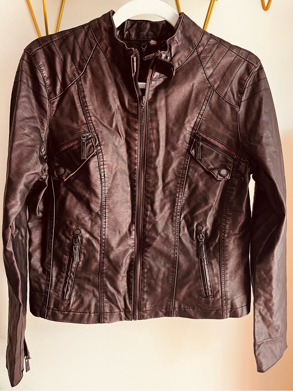 Faux Leather Zip Moto Jacket - Brown, Medium